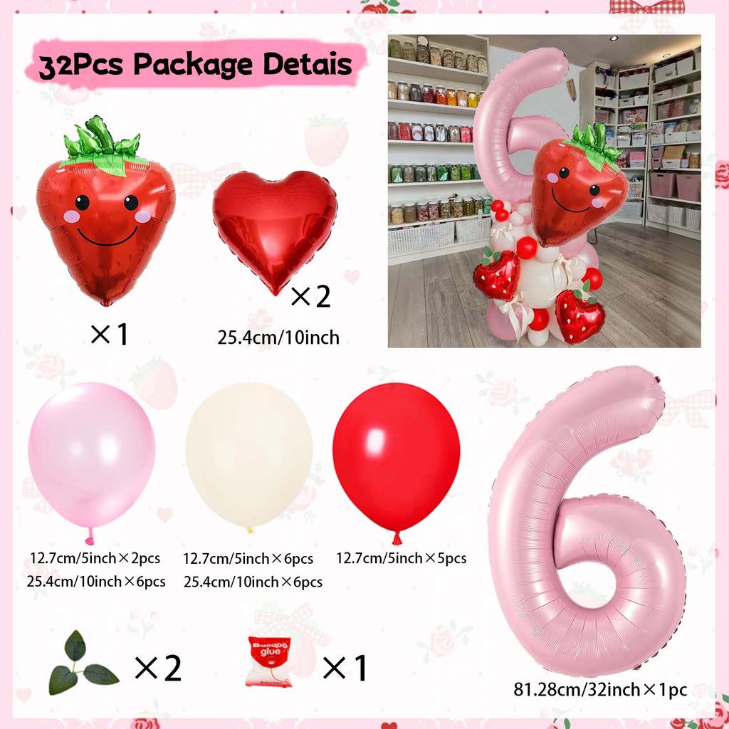 Strawberry Digital Balloon Numbers 0-9 Strawberry Love Aluminum Film Pink White Red Balloon for Anniversary Birthday