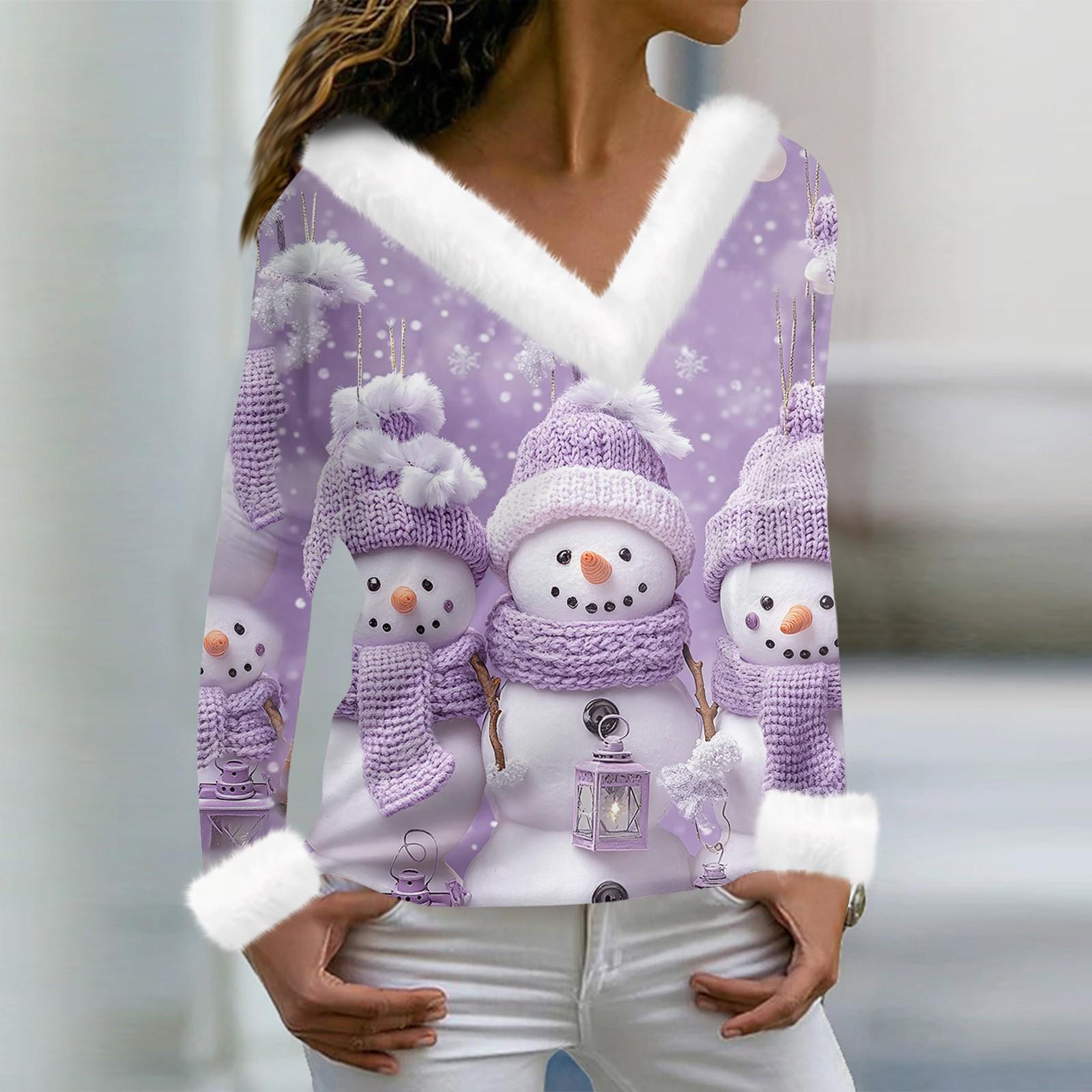 

Женская футболка с рождественским принтом, длинный рукав, флисовый воротник, V-образный вырез, футболка XXXL