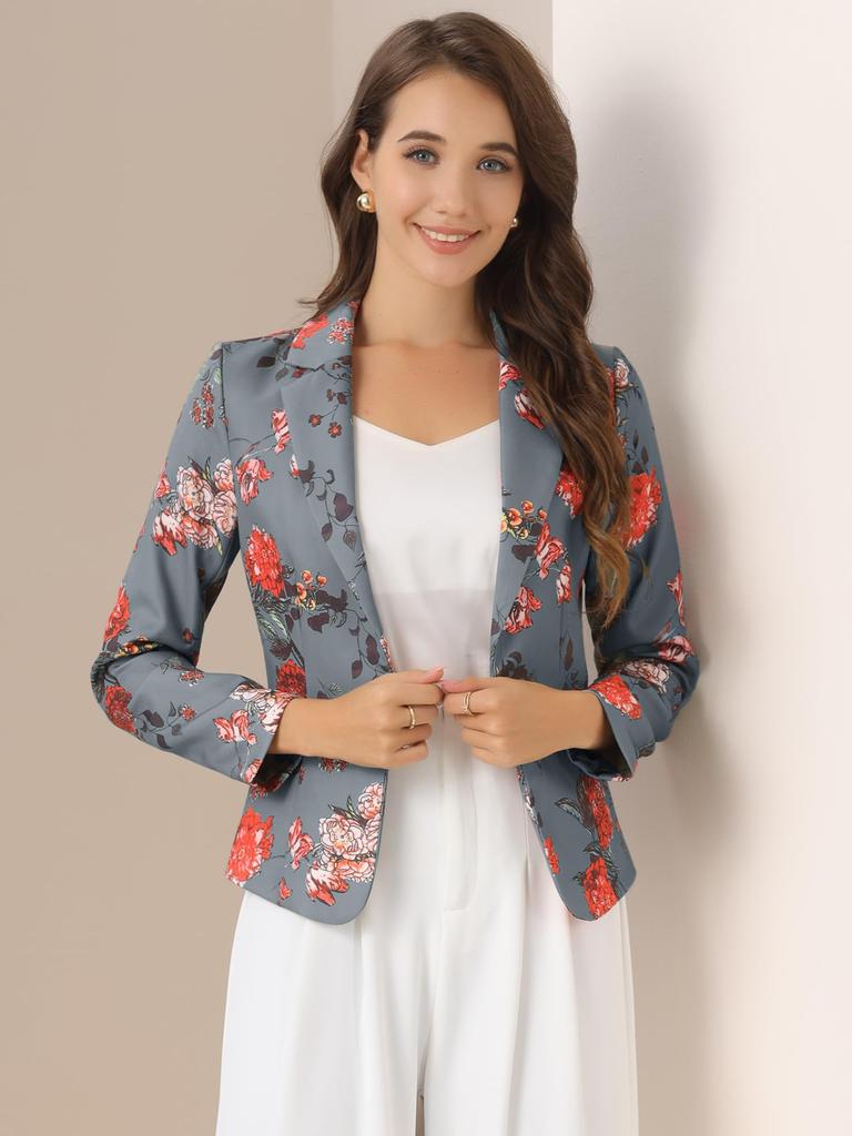 Allegra K Women's Gray Floral Blazer Jacket, Long Sleeve, Print, Notch Lapel, Open Front, Short Length, Size S