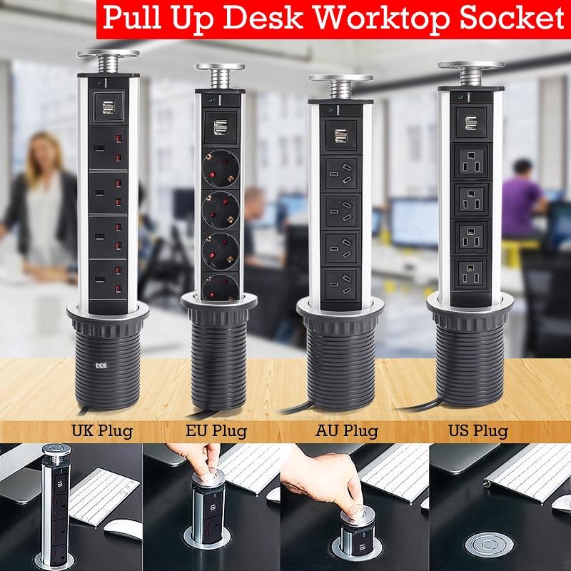 2500W US/UK/EU/AU Plug Pull Pop Up Electrical Socket 4 Power 2 Charge USB Aluminum Shelf LED Desk Worktop Extension Table Office