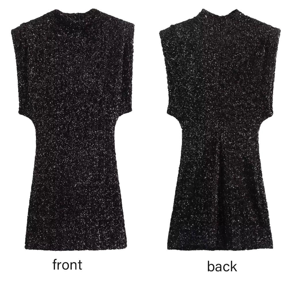 Round Neck Holiday Party Dress Fly Sleeve Silm Evening Dress Shining Sequin Mini Dress  Daily