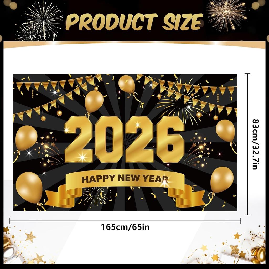 Happy New Years Eve Supplies 2026 - Black and Gold Large New Years Backdrop 2026, New Year Eve Banner Party Decorations 2026 Party Decor for Adults