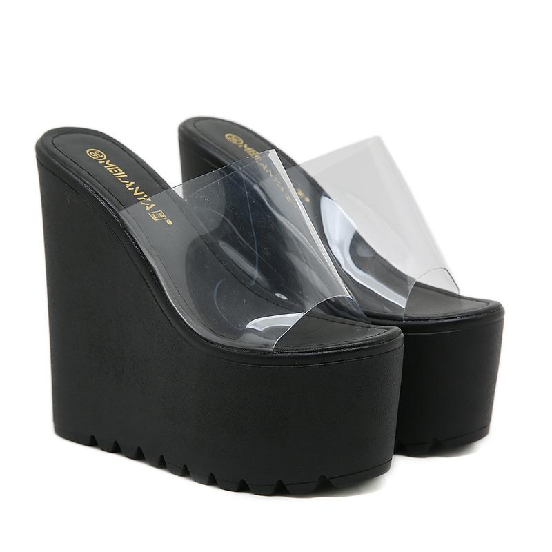 

Мода 16 см Летние лаконичные прозрачные босоножки на танкетке с открытым носком Женская модная обувь на высоком каблуке для подиума 34 чёрный