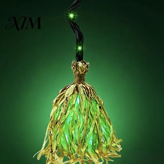 Stage Performance Equipment Halloween Witch Broom with Green LED Light, Glowing Cosplay Wizard Fluffy Straw Broomstick Broomstick, Costume Prop