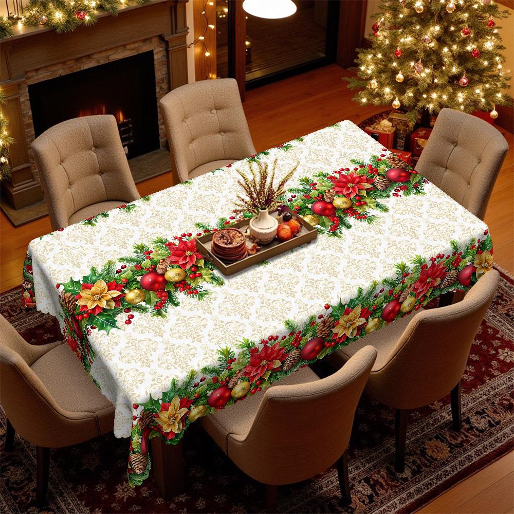 Christmas Table Round Tablecloth, Flower And Bird Pattern Waterproof Tablecloth, Holiday Table Arrangement Coffee Table Decorative Cloth