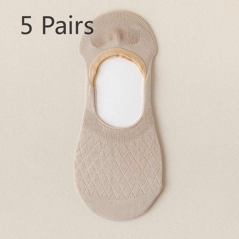 

5 пар женских летних хлопковых дышащих впитывающих пот простых и универсальных силиконовых нескользящих невидимых носков с мелким носком 5 Pairs хаки