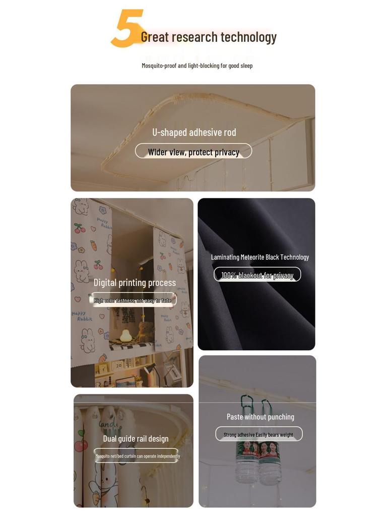 U-Shaped Ceiling-Mount Dorm Mosquito Net & Blackout Curtain for Bunk Beds