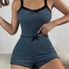 Summer New Womens Ribbed Knit Pajama Set Lace Trim Bow Cami Crop Top Lettuce Hem Shorts Loungewear Sleepwear Cute Soft 2 Piece