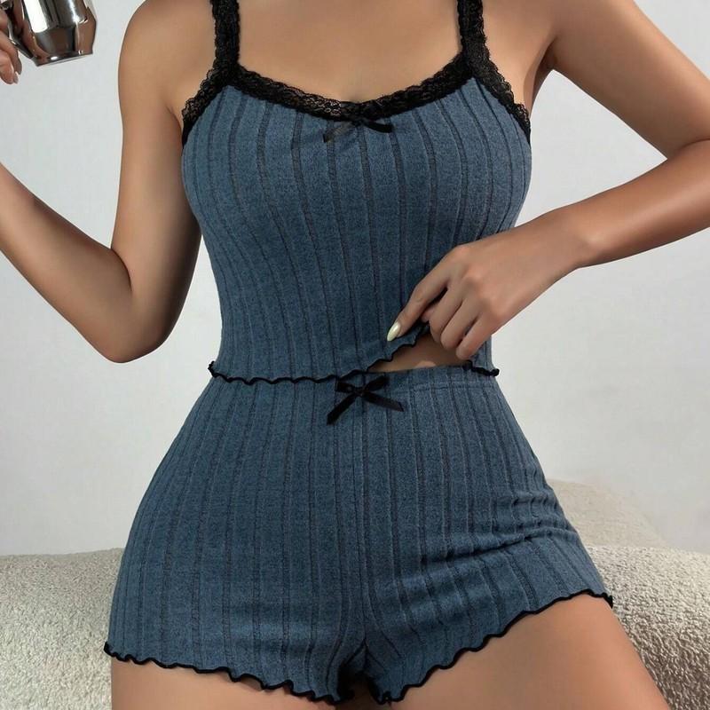 Summer New Womens Ribbed Knit Pajama Set Lace Trim Bow Cami Crop Top Lettuce Hem Shorts Loungewear Sleepwear Cute Soft 2 Piece