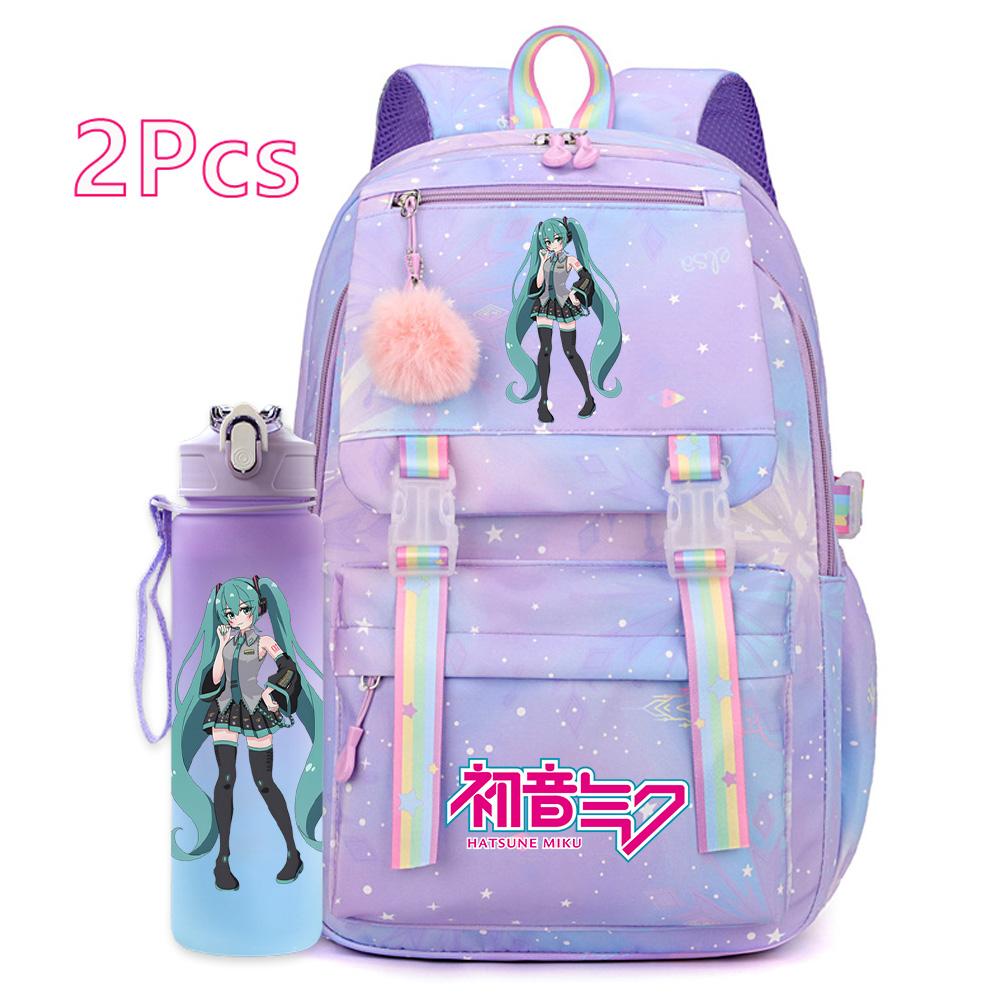 2 st/set Söt Hatsune Miku-tryckt Ryggsäck med 750 ml Vattenflaska för Tonårsflicka Pojke Skolväska Stor Kapacitet Vattentät Resväska Gåva