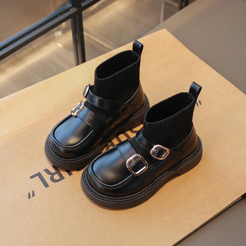 Girls' Black Retro Mary Jane Low-Cut Sock Boots - 2025 Autumn Fashion