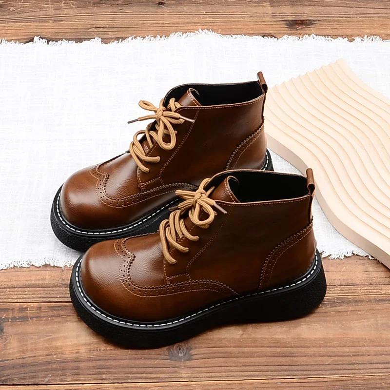 

Fashion Mori Literary Retro Big Head Shoes Carved Detail British Style Women Boots Thick Sole Lace-up Ankle Boots Handmade Warm Shoes 35 верблюд