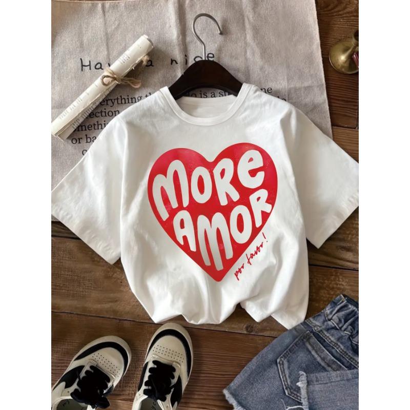 European sizes Cute And Stylish Spanish More Love Heart Print Short-Sleeve T-Shirt for Girls. Fun Design, Soft And Comfortable Fabric 110 белый
