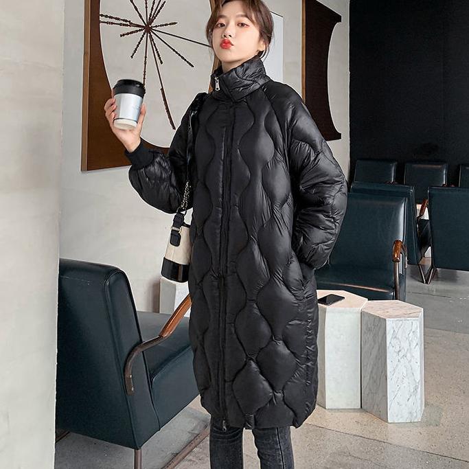 Daunenjacke für Damen, mittellang, Stehkragen, koreanische Winterversion, glänzende Overknee-Wattierungsjacke, große Größe, lockere, einfarbige Mäntel