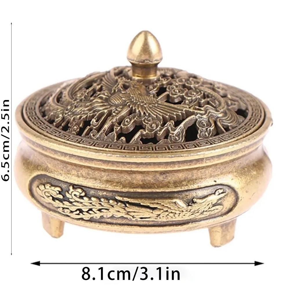 Antique Brass Hollow Dragon Phoenix Incense Burner Incense Mini Ornaments for Home Chinese Ancient Tea Desk Decor Indoor Perfume