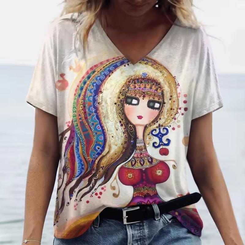 Summer Cartoon T Shirt Women Gilr Graphic 3D Print V-Neck Short Sleeve Pullover Outdoor Casual Y2k Clothing Female T-Shirts