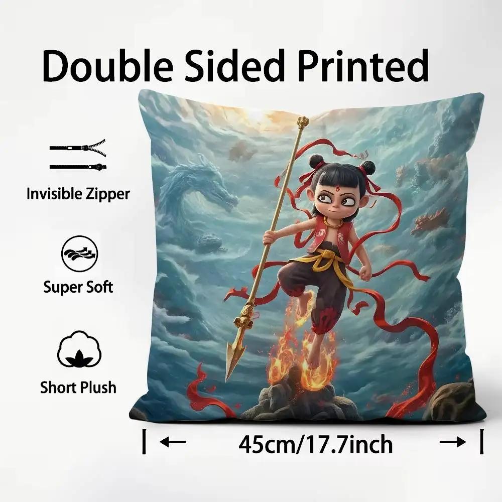 Chinese Anim Nezha Pillow Case Printed Pillowcase for Living Room Sofa Cushion Cover & Bedroom Decor