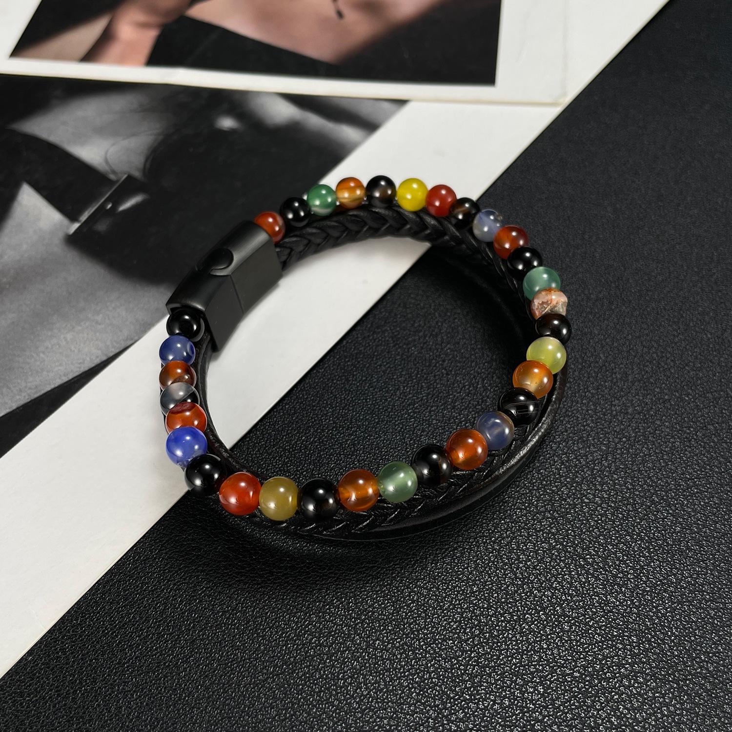 

European and American Natural Agate Beaded Leather Bracelet for Men
