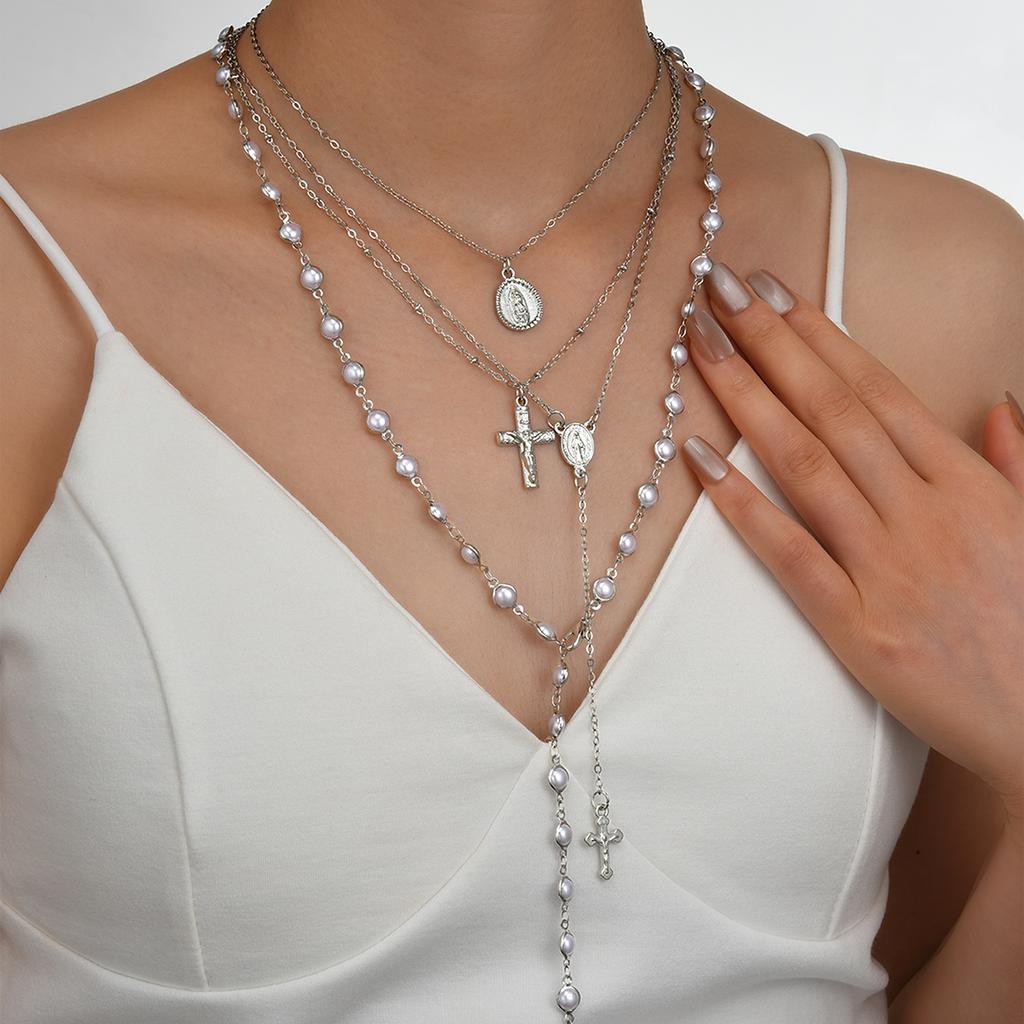 4 Piece Fashion Cross Portrait Necklace Set Jewelry Women Trendy Shiny Daily Party Accessory Decorative Gift Idea For Her