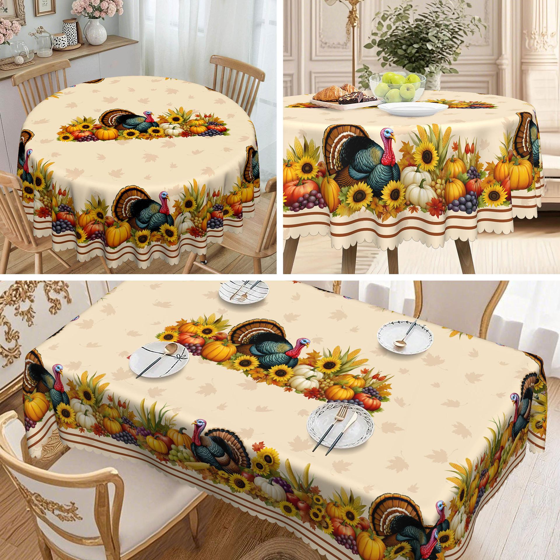 

1 Piece, Fall Thanksgiving Polyester Tablecloth, Turkey, Pumpkin And Sunflower, Suitable For Long And Round Tables round tablecloth-152x152cm