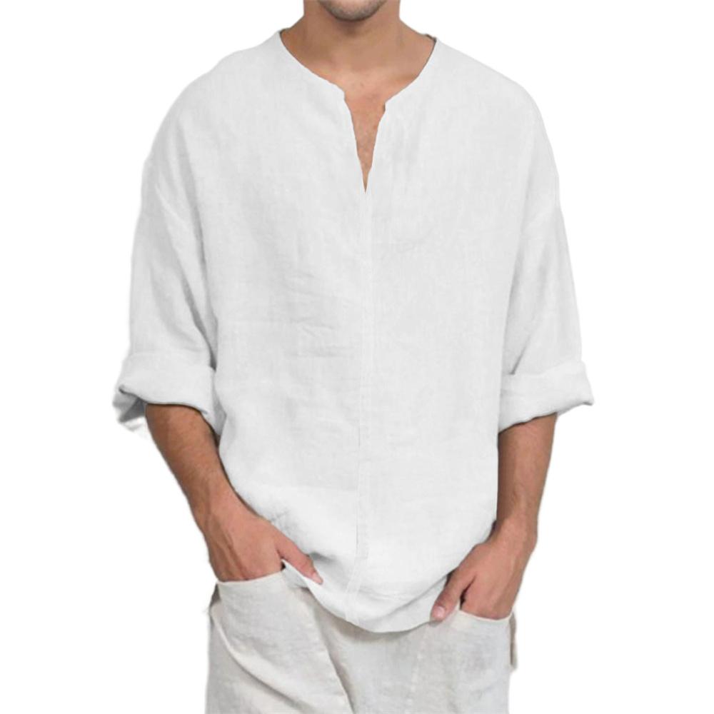 Cotton Linen V-neck Long Sleeve T-shirt for Men Casual Solid Color Lightweight Breathable Cozy Tops Male Fashion Tees