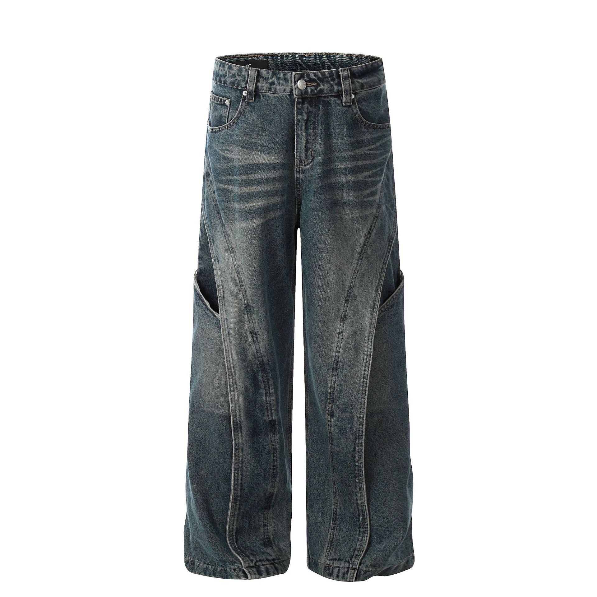 Men s American RO Wind Heavy Washed Jeans Loose Functional Wide Leg Pants S синий