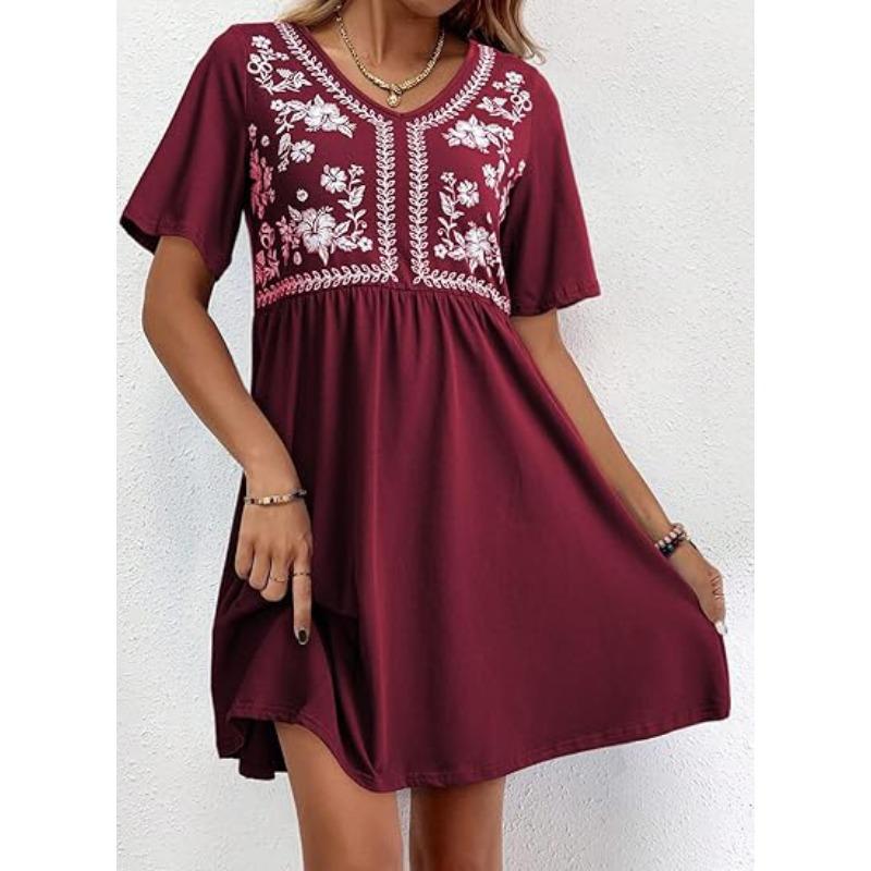 YYFS Women's Fashion Summer Spring Flower Pattern Print Short Sleeve V-Neck High Waist Casual Dresses