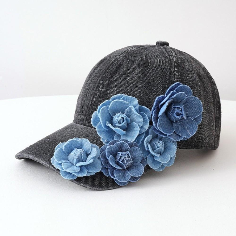 Solid Color Denim Baseball Cap 3D Floral Decor Floral Decor Hat Duckbill Cap Sun Protection