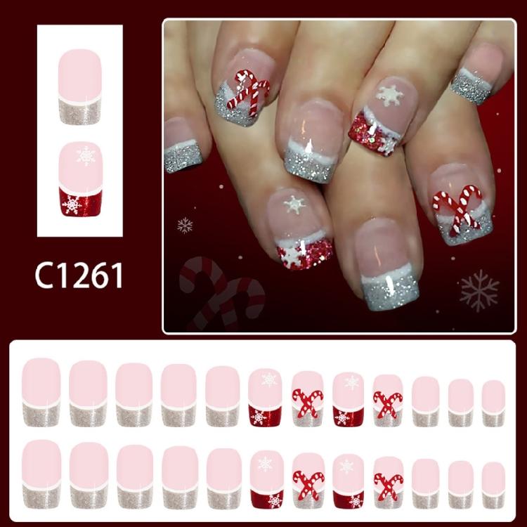 Christmas Party Glittering Fake Nail Short Oval French Styles Snowflake Cane Pattern Easily Wear