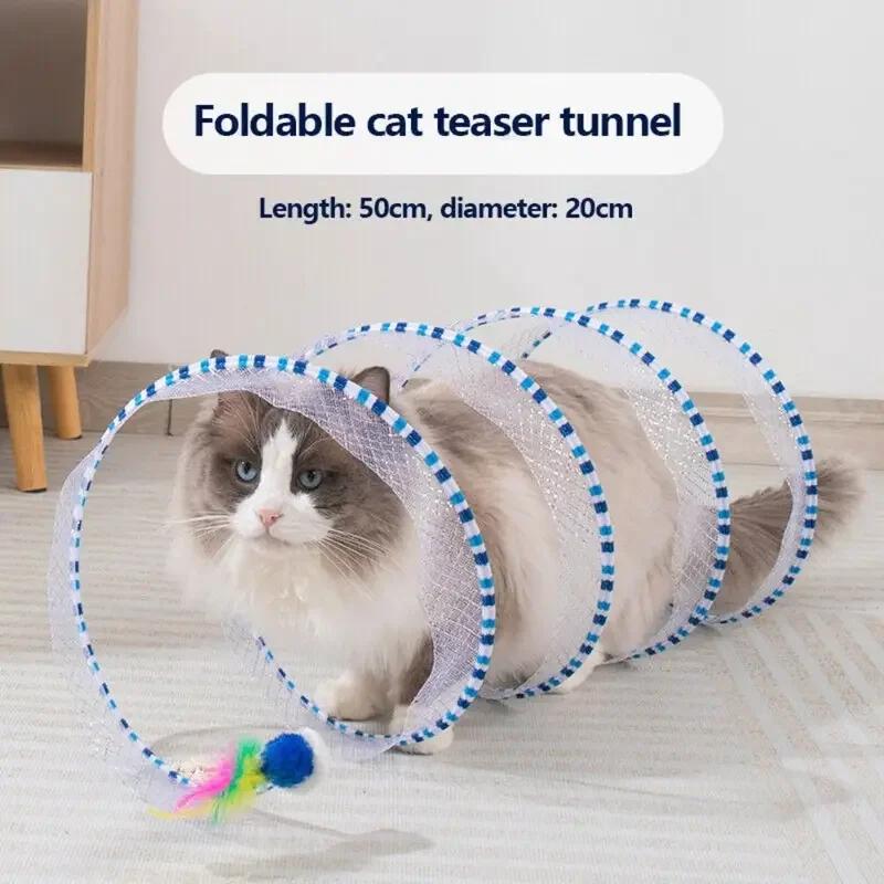 Folding Cat Tunnel S Shape Spring Type Cat Tunnel Toy With Plush Mouse And Feathers Spiral Tunnel Interactive Cat Toy