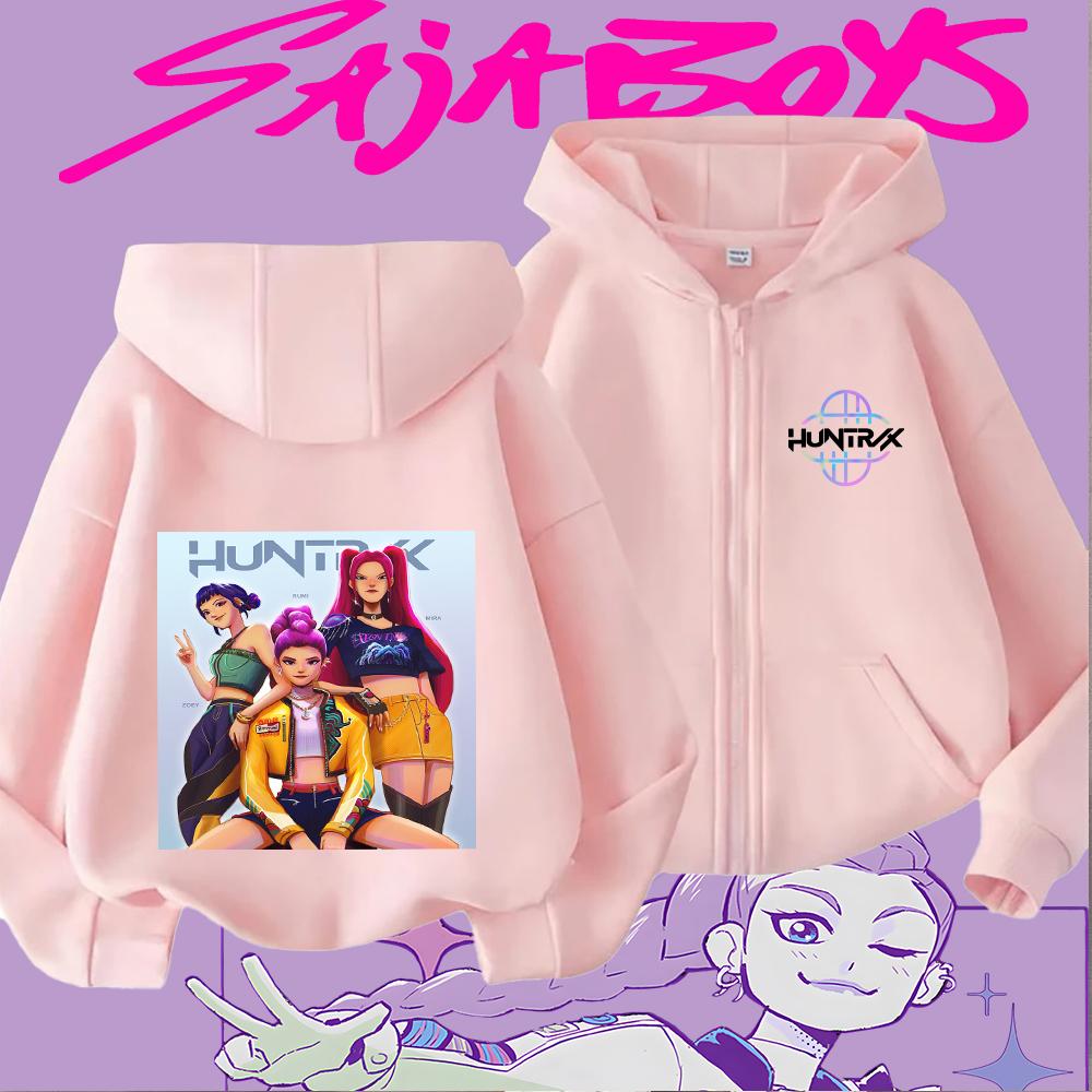 Huntrix Girls Zoey Rumi Mira Cartoon Print Kids' Zipper Hoodie Casual Long Sleeve Sweatshirt for Children
