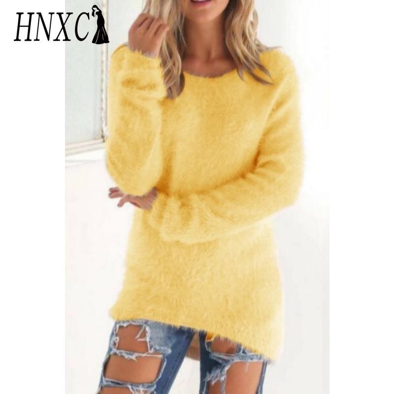 HNXC Women's Fashion Casual Solid Color Print Autumn Winter Long Sleeve O-Neck Loose Sweaters
