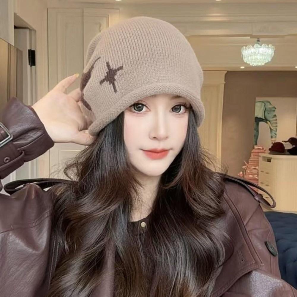 Fashion Star Pattern Knitted Woolen Hat Windproof Cold-proof Cover Head Cap Thickened Keep Warm Drawstring Beanie Cap Outdoor