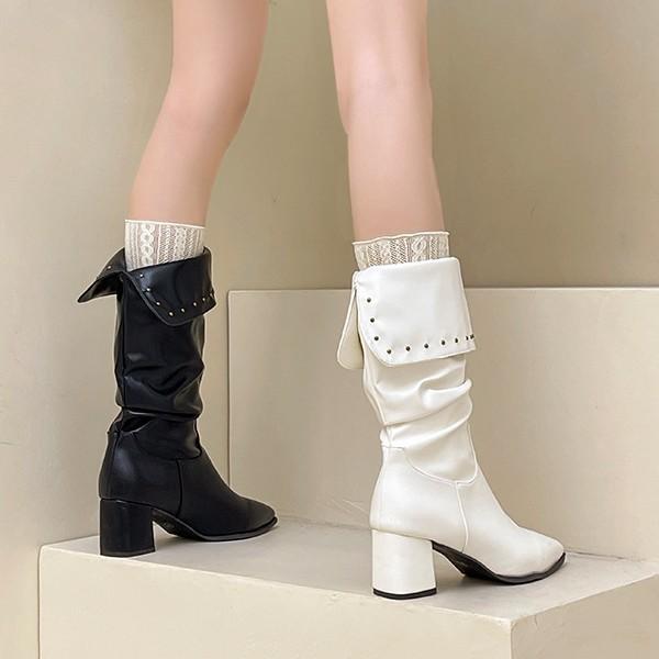Fashion Spice Girl Pleated Autumn and Winter Pile Boots Women's Autumn and Winter Design Sense Pointed Rivet Fashion Boots High Heel Knight Boots