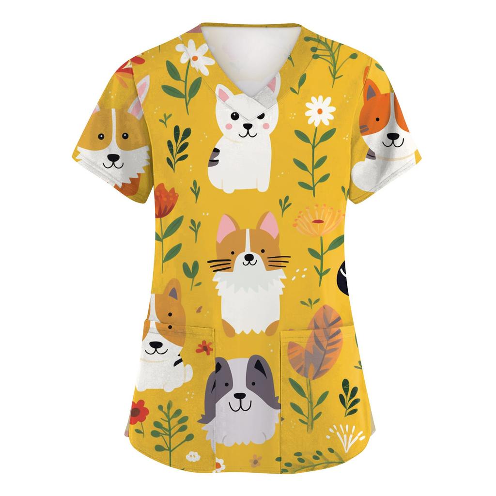 Women's Fashion Short Sleeve Cute Animal Printed V-Neck Pocket Workwear Tops