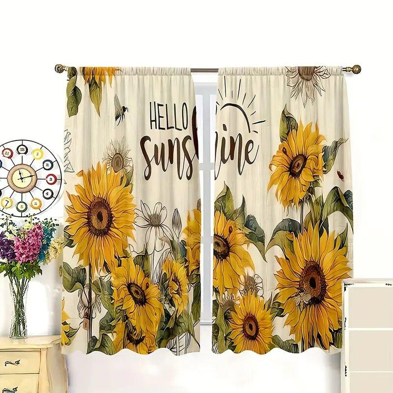 2pcs- Bees dancing on sunflowers in summer pattern printed curtains   window decorations   home decorations   room decorations