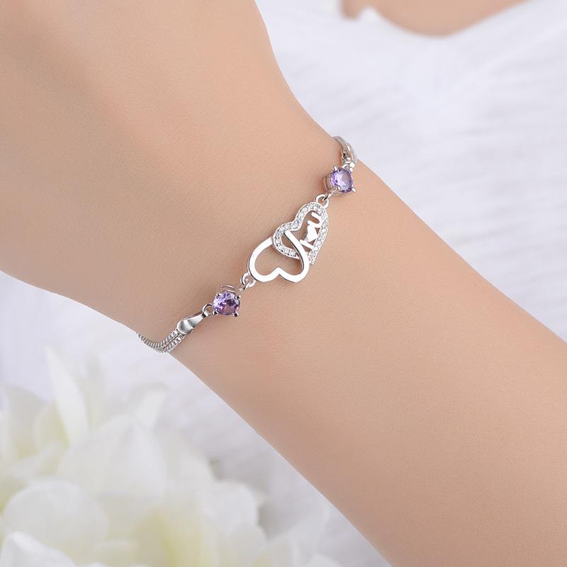 2018 Fashion White/Purple CZ Crystal Love Heart Forever 925 Sterling Plata Bracelet For Women Jewelry Chain Charm Bracelets