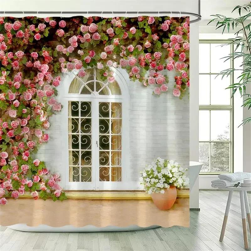 Vine Leaves Shower Curtain Green Plant Leaf Grey Wall Spring Floral Bath Curtains Set Polyester Fabric Bathroom Decor with XT6