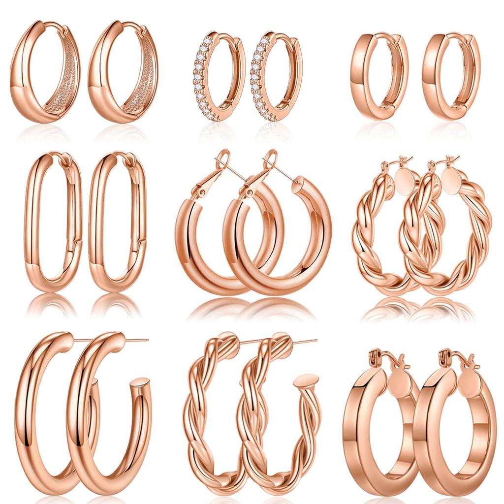 Yesteel 9 Pairs Gold Hoop Earrings for Women,Gold Plated Chunky Hoop Earrings Set for Women Hypoallergenic Thick Lightweight Earring for Womens