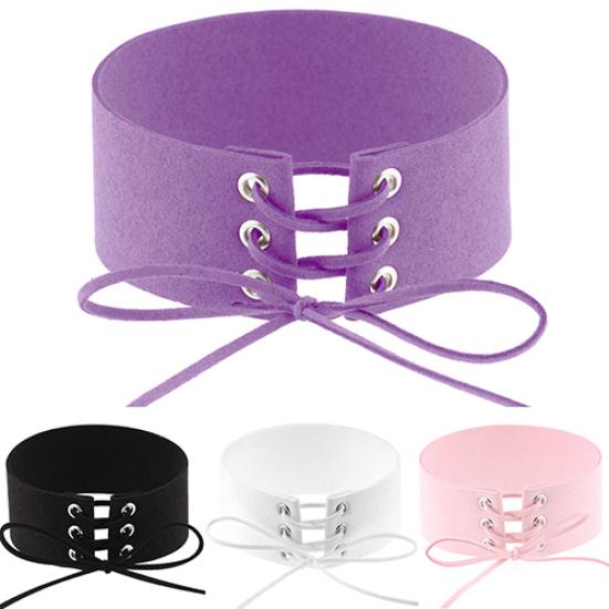Kvinnors vintage punk gotisk snörning Faux mocka bred Choker kort halsband