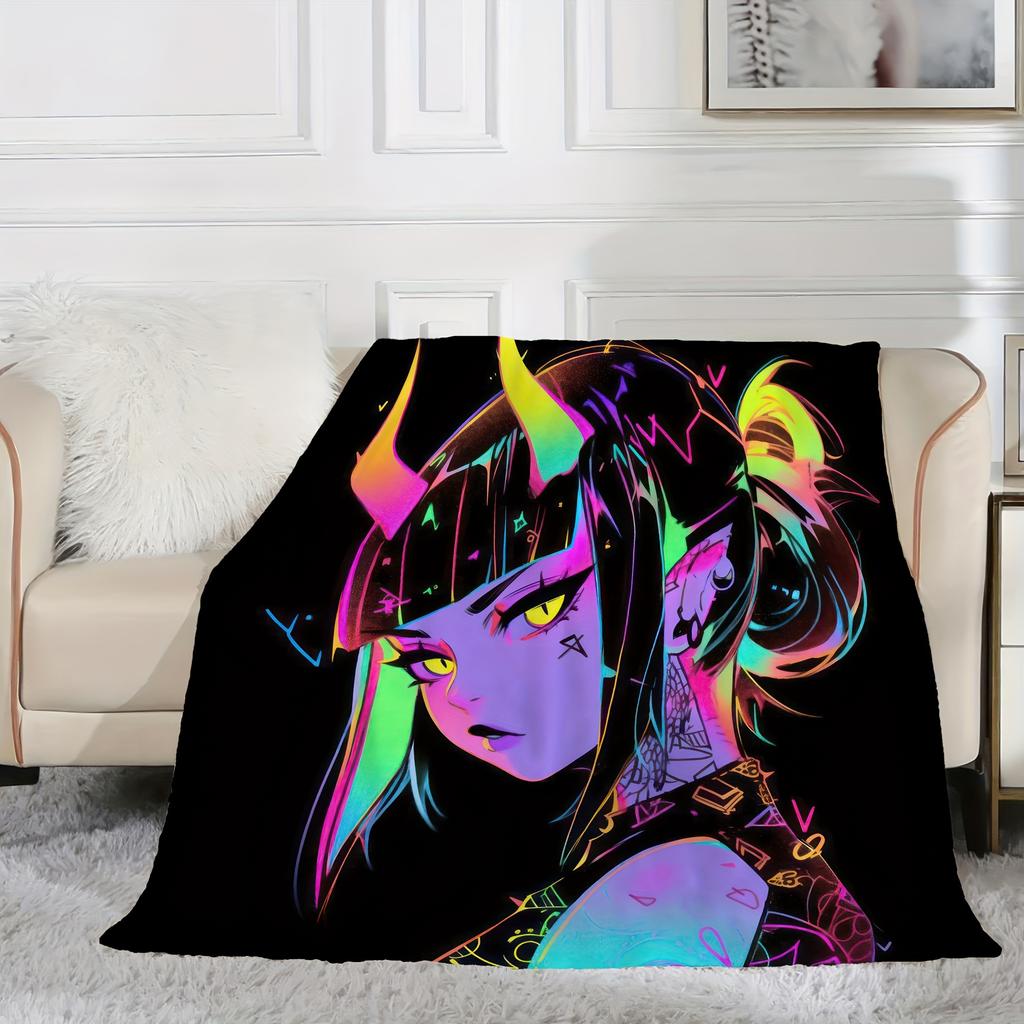 Vibrant Demon Character Blanket - Soft Cozy Throw with Neon Colors, Perfect for Home Decor, Unique Gift for Anime Lovers