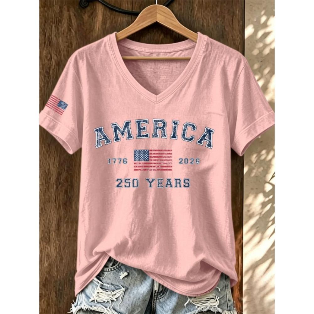 ilstile Women's America 250 Years Print T-Shirts Summer Short Sleeve Casual Loose T Shirt V Neck Tops White Tees Hot Sale