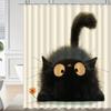 1 Elegant Black Cat Shower Curtain - Polyester Bathroom Decor With Artistic Fluffy Cat Pattern, Hook Included, Polyester Fabric