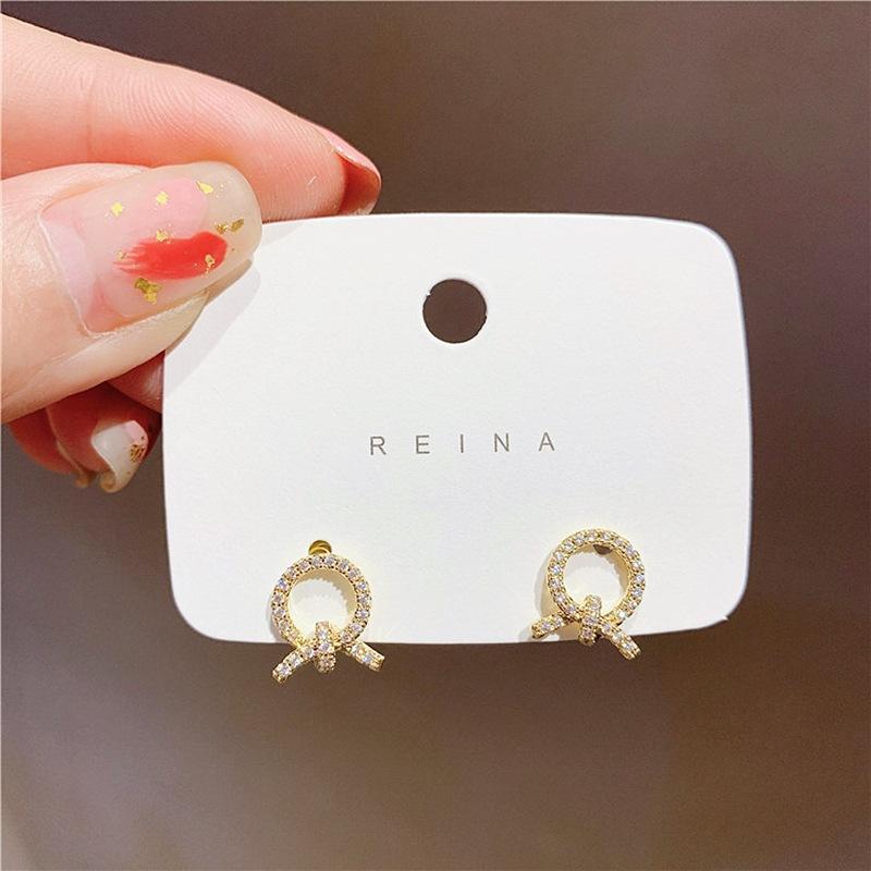 Korea Dongdaemun S925 silver needle simple rhinestone small circle cross stud earrings temperament earrings girl earrings серебряный