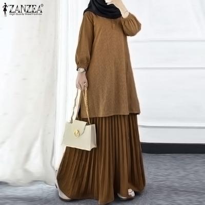 Women Long Sleeve Blouse and Pleated Skirts Casual Two Piece Suit Sets