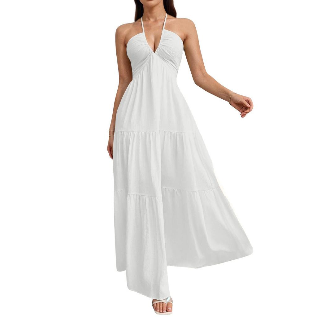 Women's Summer Casual Fashion Solid Color Dresses V-Neck Sleeveless Dresses