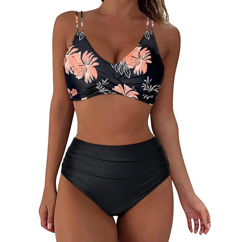 Women s Floral Print V Neck High Waisted Two Piece Swimsuit S