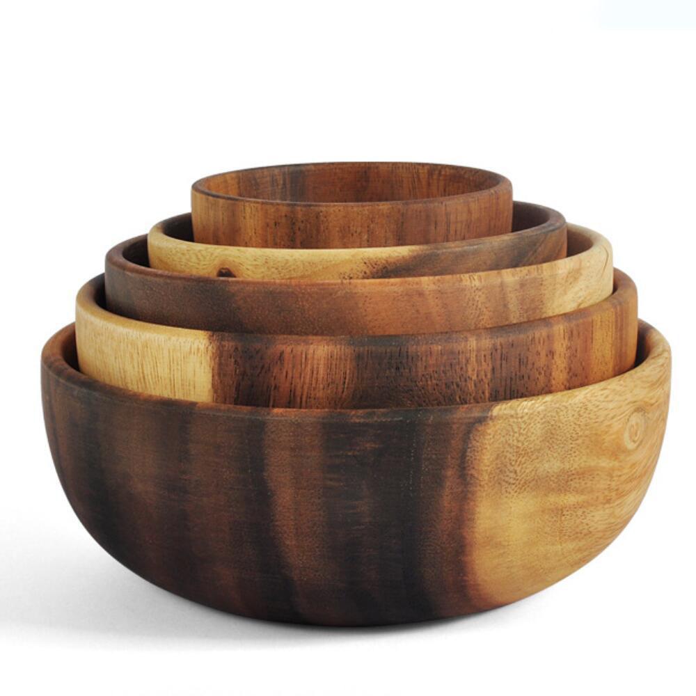 Jaswehome 1Pcs Salad Bowl Natural Acacia Wood Handmade Tableware Salad Grains Dried Fruit Shallow Mouth Bowl