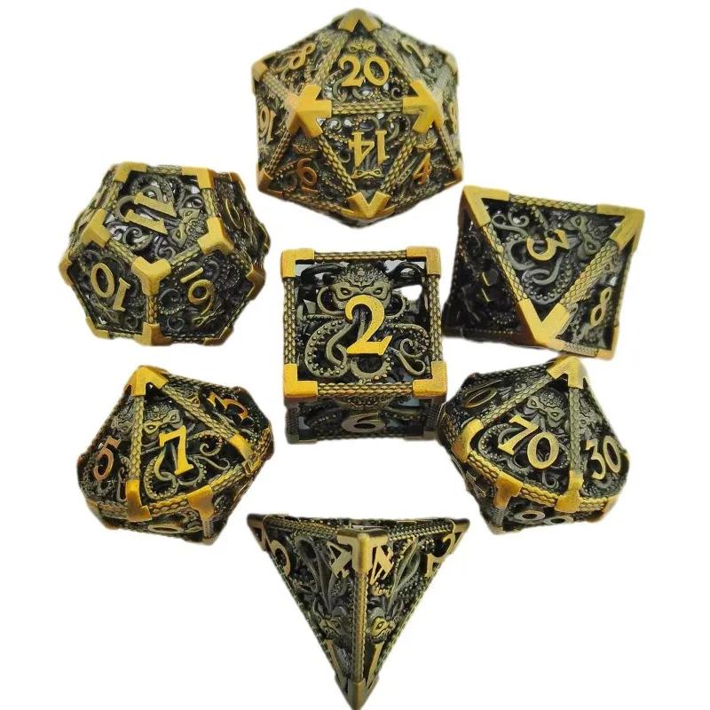 7 Pcs Hollow Metal Dice Set for DND RPG Dragon-Engraved Polyhedral Dice Tabletop Gaming Accessories for Dungeon Master Collector