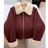 Red Fur-Lined Short Jacket for Petite Women - Warm, Versatile, Skin-Brightening for Autumn and Winter.